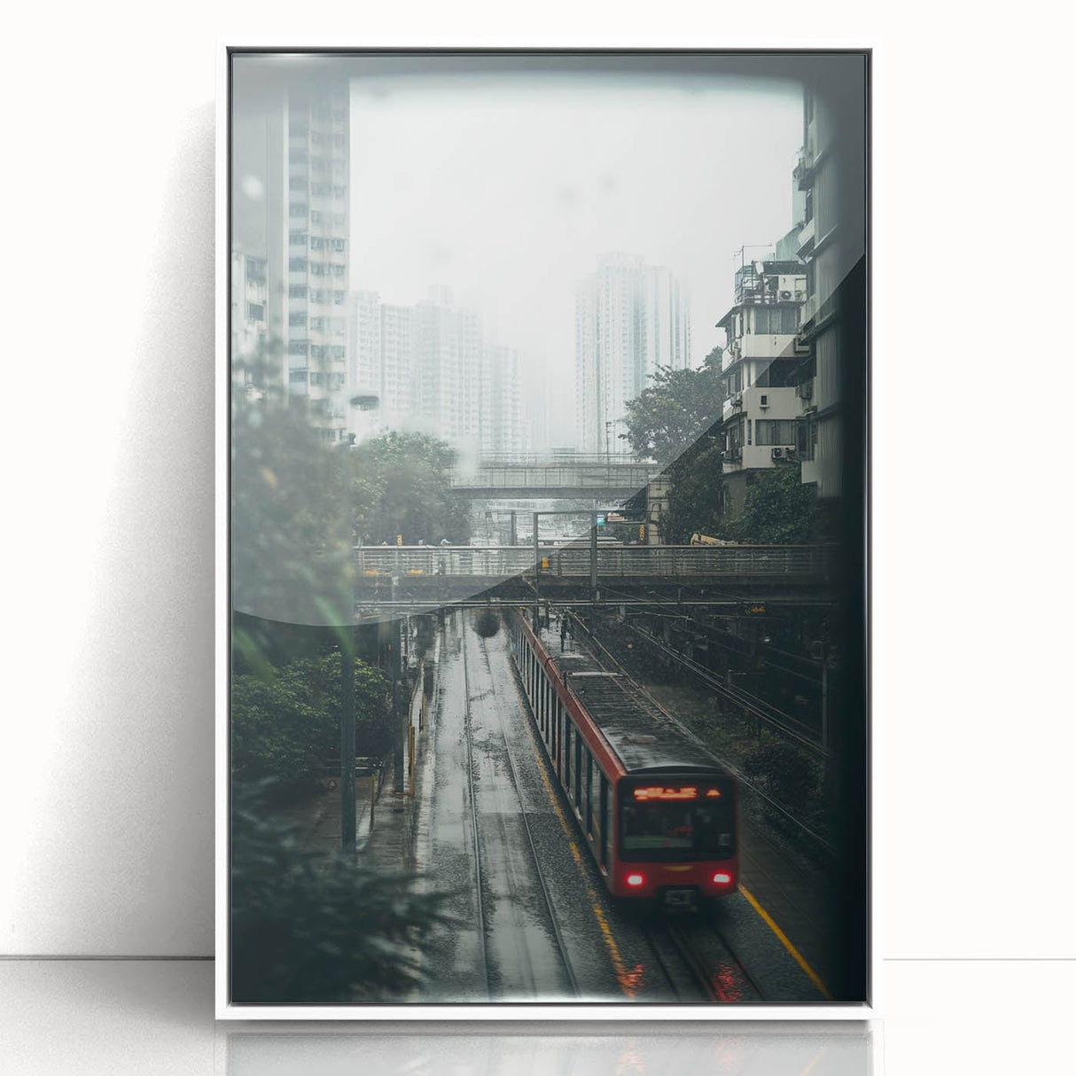 Modern Urban Landscape Art – Rainy Tram Through City Towers