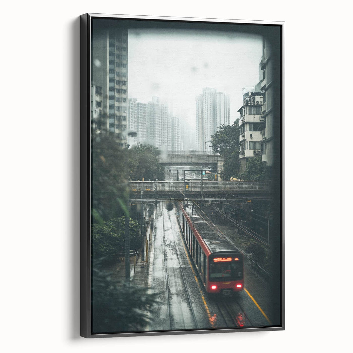 Modern Urban Landscape Art – Rainy Tram Through City Towers