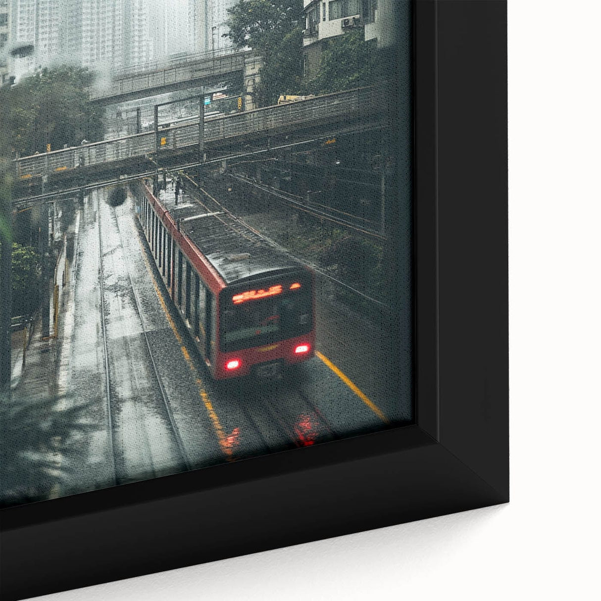 Modern Urban Landscape Art – Rainy Tram Through City Towers