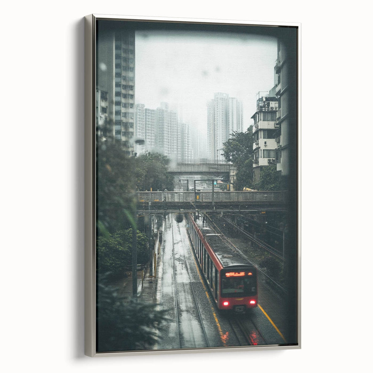 Modern Urban Landscape Art – Rainy Tram Through City Towers