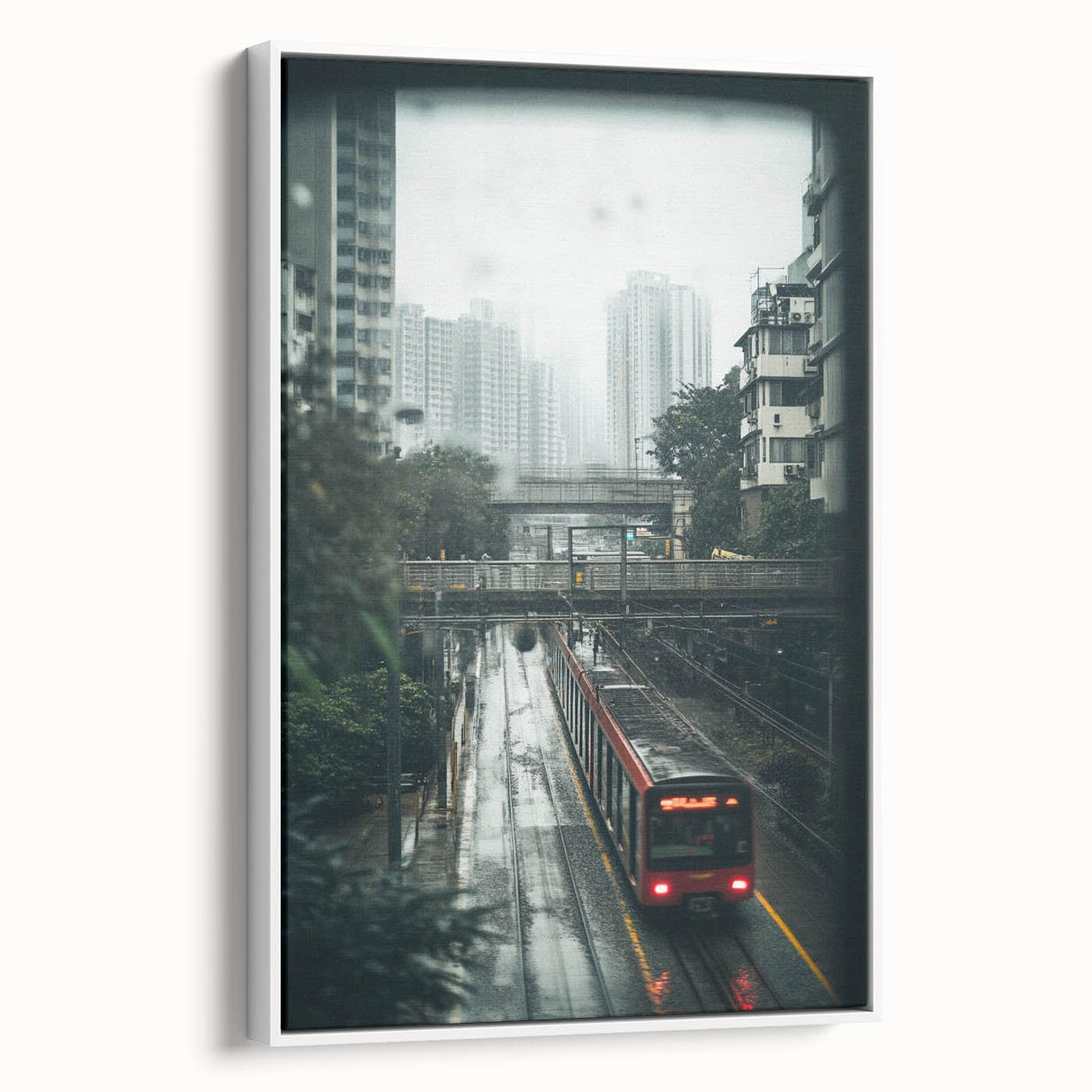 Modern Urban Landscape Art – Rainy Tram Through City Towers