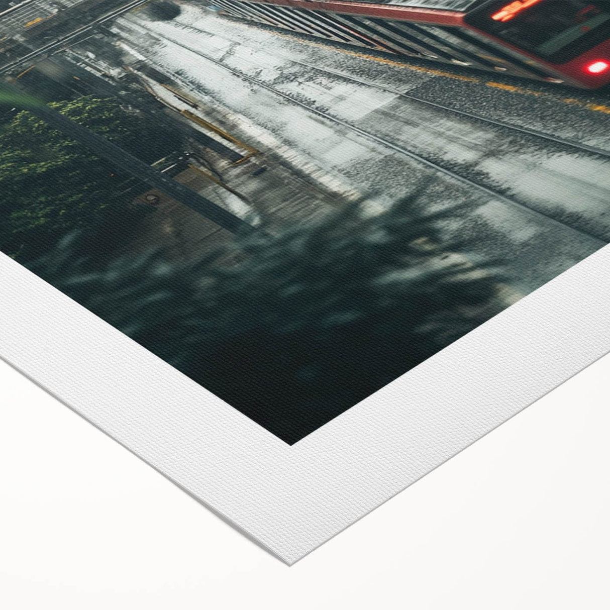 Modern Urban Landscape Art – Rainy Tram Through City Towers