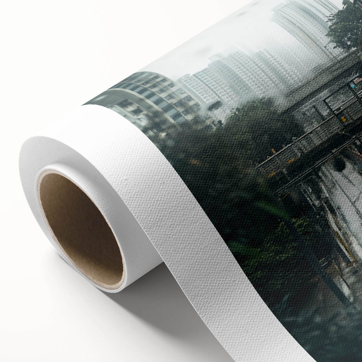 Modern Urban Landscape Art – Rainy Tram Through City Towers