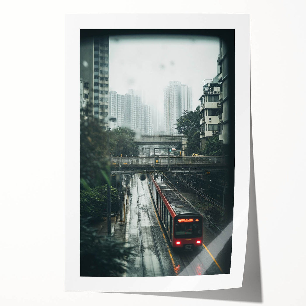 Modern Urban Landscape Art – Rainy Tram Through City Towers