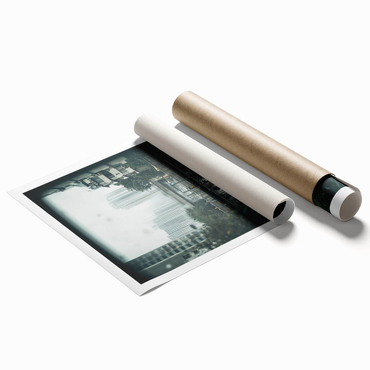 Modern Urban Landscape Art – Rainy Tram Through City Towers