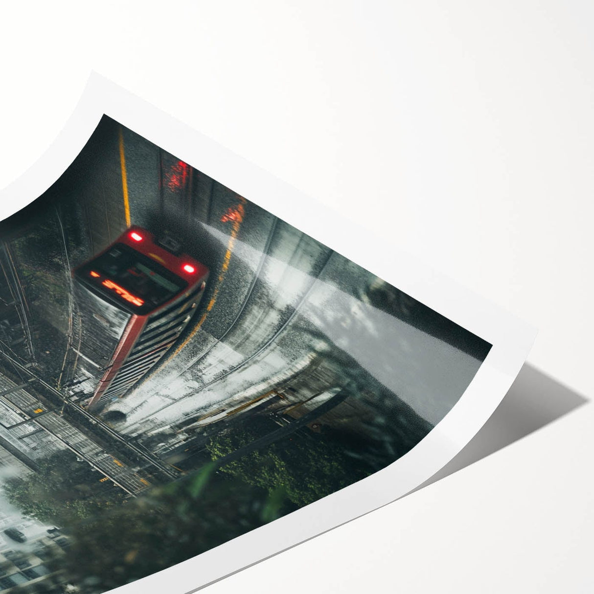 Modern Urban Landscape Art – Rainy Tram Through City Towers