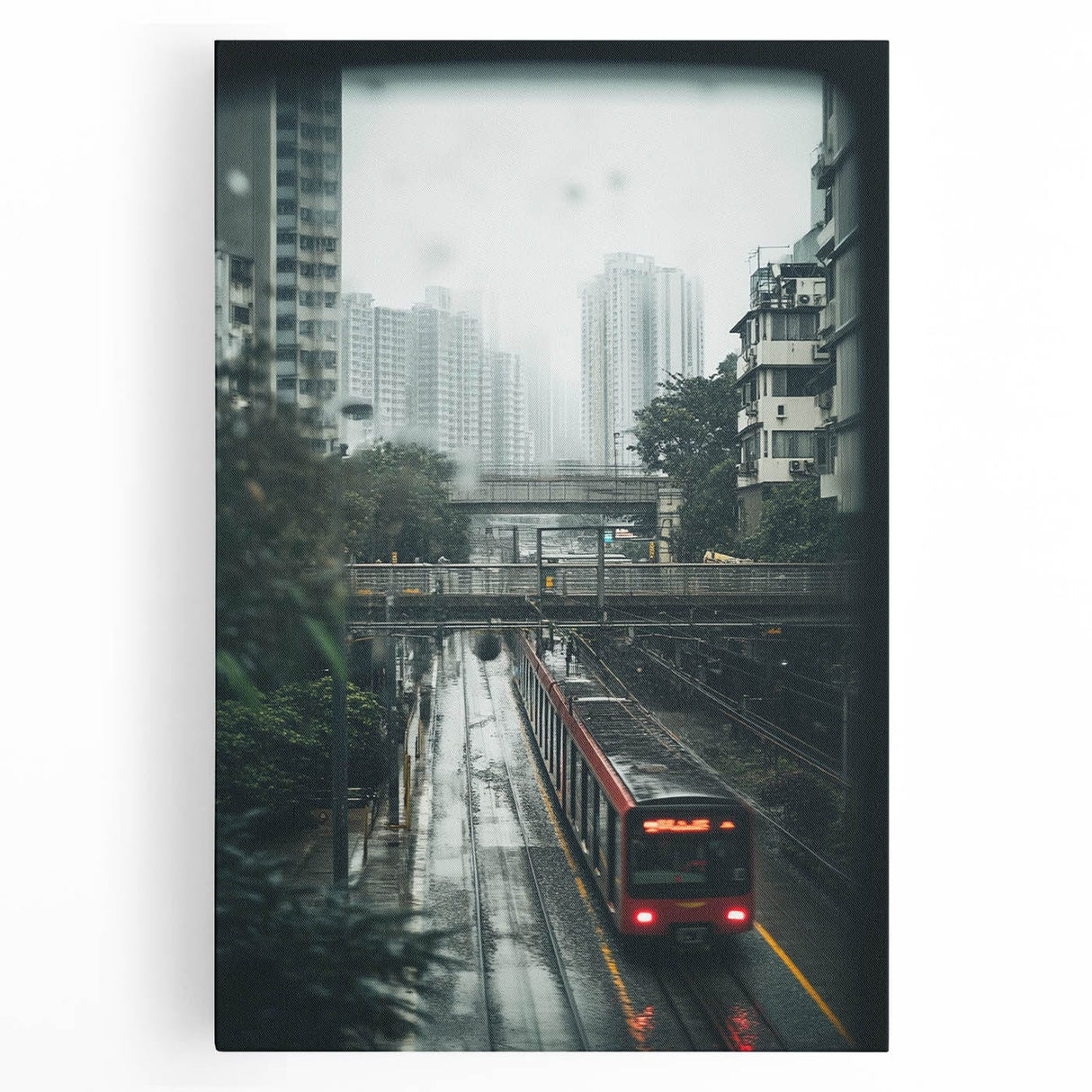 Modern Urban Landscape Art – Rainy Tram Through City Towers
