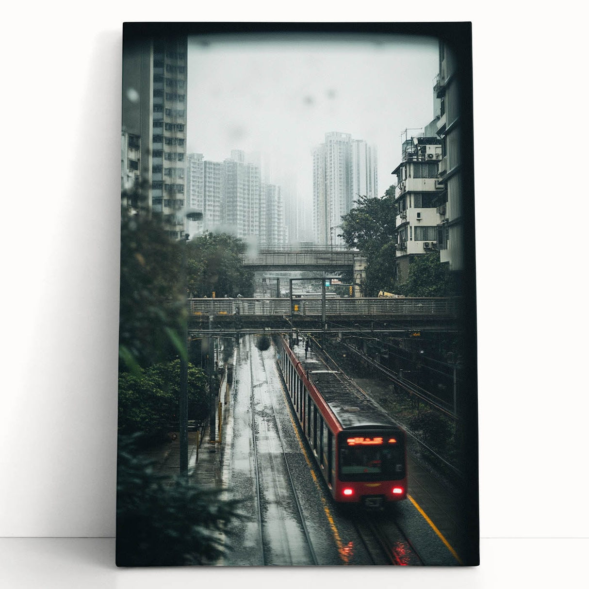 Modern Urban Landscape Art – Rainy Tram Through City Towers