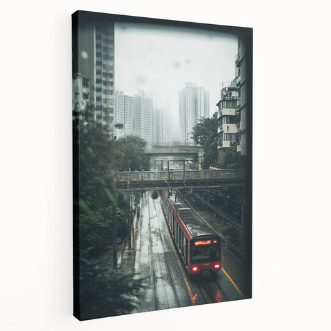 Modern Urban Landscape Art – Rainy Tram Through City Towers