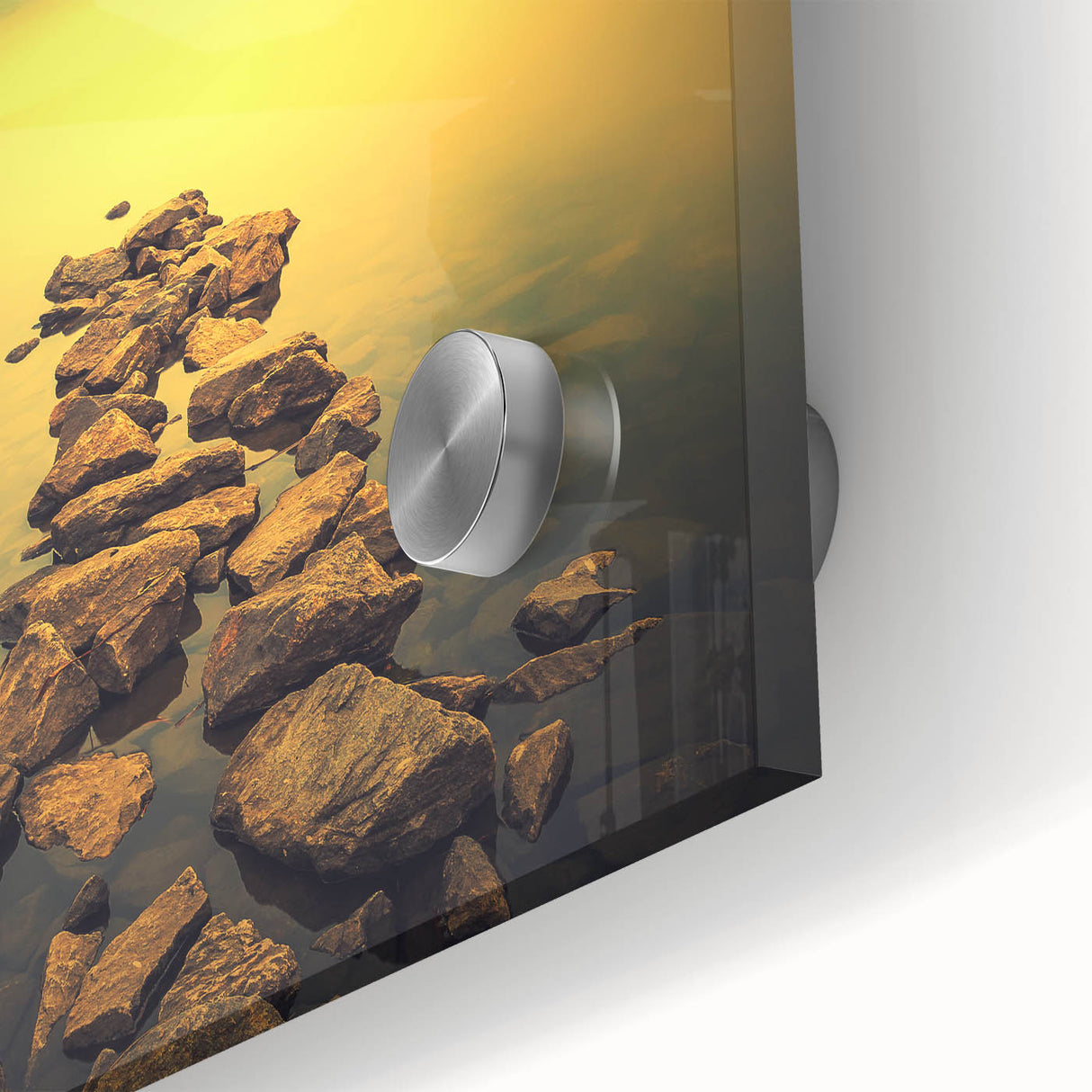 Abstract Minimalist Landscape Paintings – Golden Horizon Rock Path