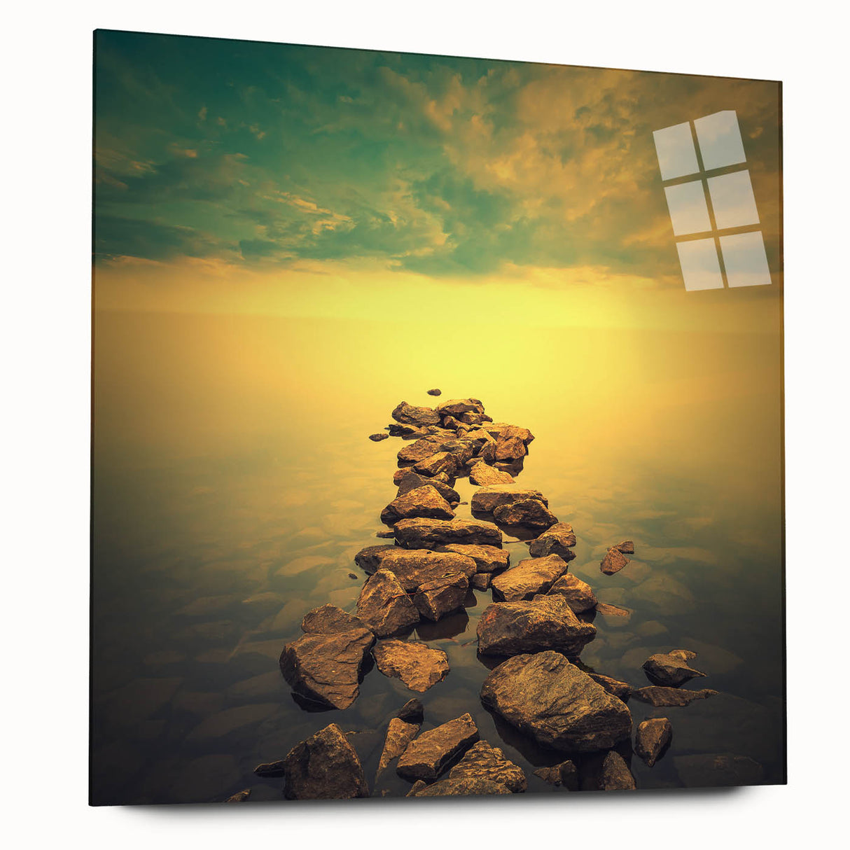 Abstract Minimalist Landscape Paintings – Golden Horizon Rock Path