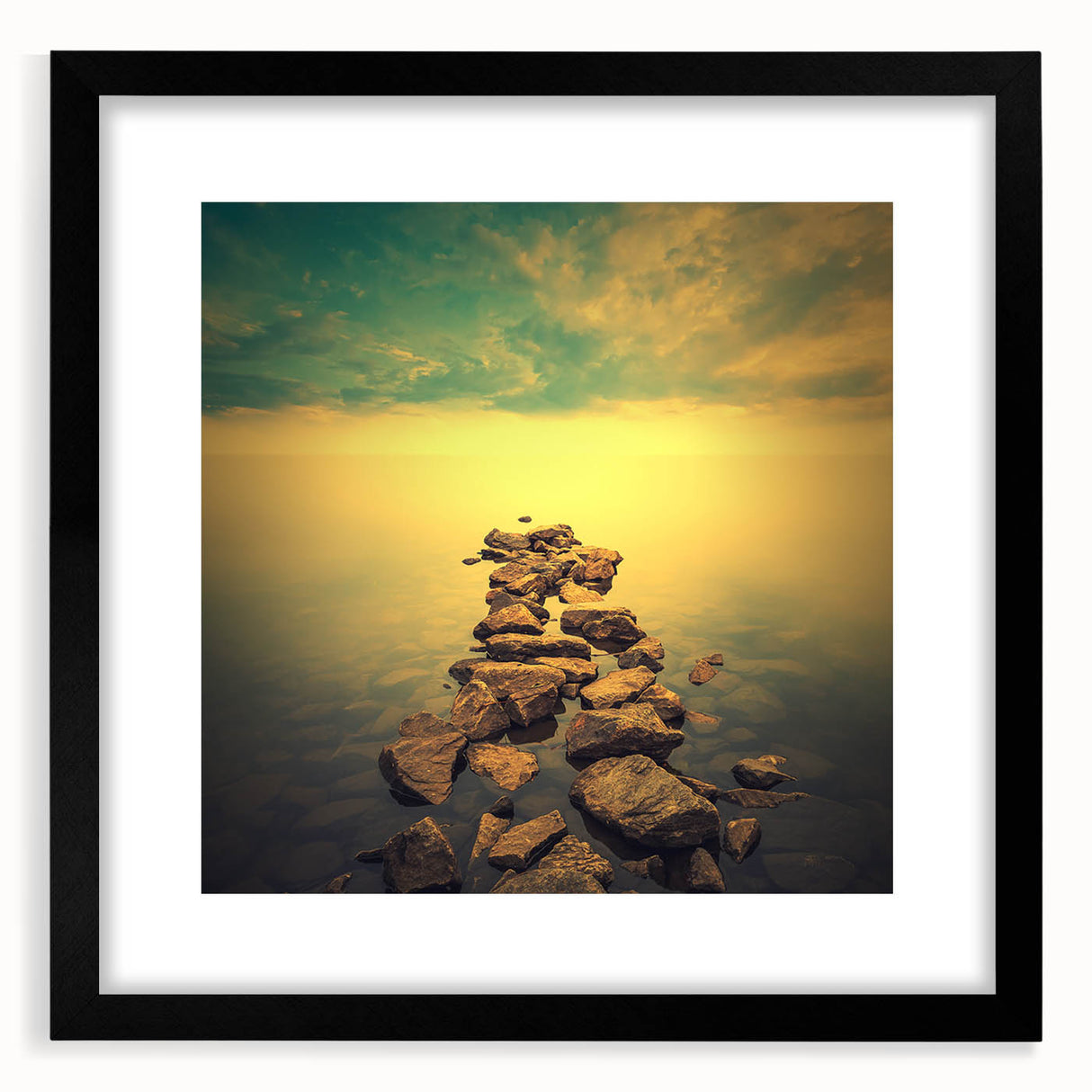 Abstract Minimalist Landscape Paintings – Golden Horizon Rock Path