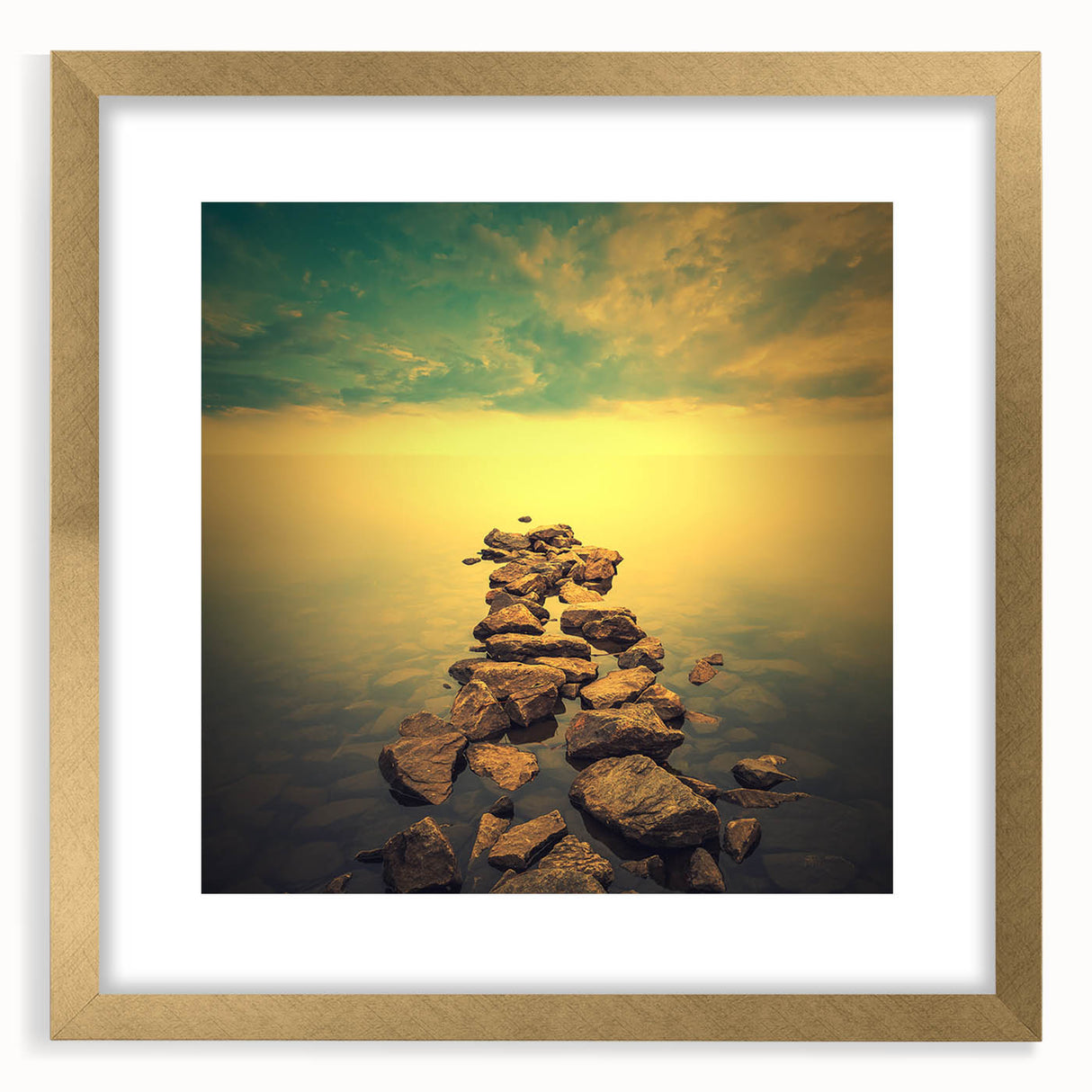 Abstract Minimalist Landscape Paintings – Golden Horizon Rock Path