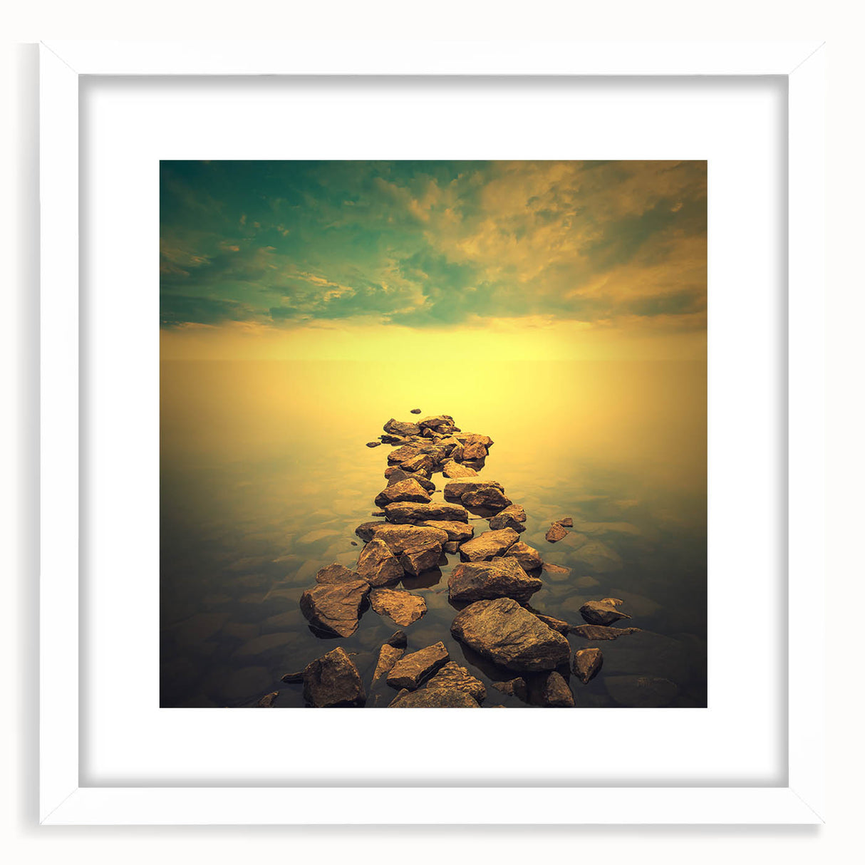 Abstract Minimalist Landscape Paintings – Golden Horizon Rock Path