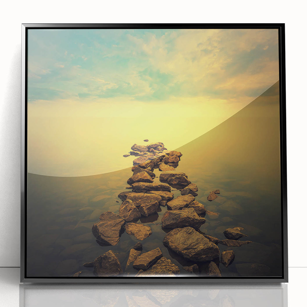 Abstract Minimalist Landscape Paintings – Golden Horizon Rock Path