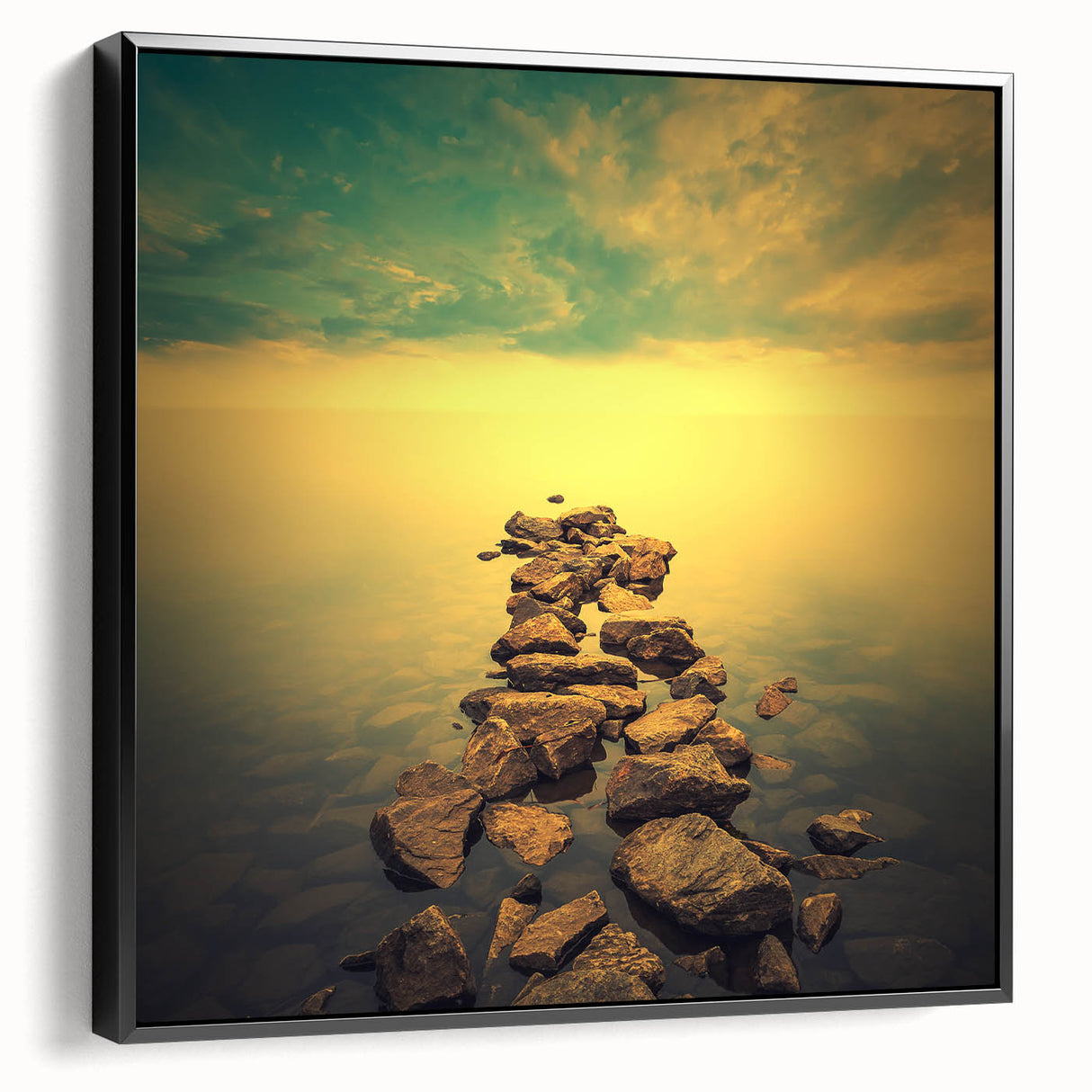 Abstract Minimalist Landscape Paintings – Golden Horizon Rock Path