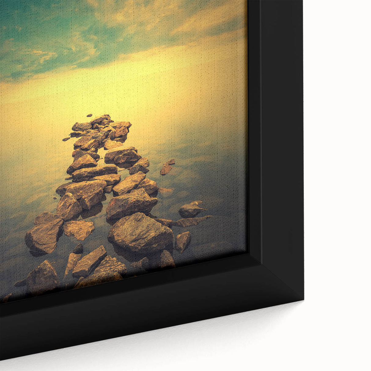 Abstract Minimalist Landscape Paintings – Golden Horizon Rock Path