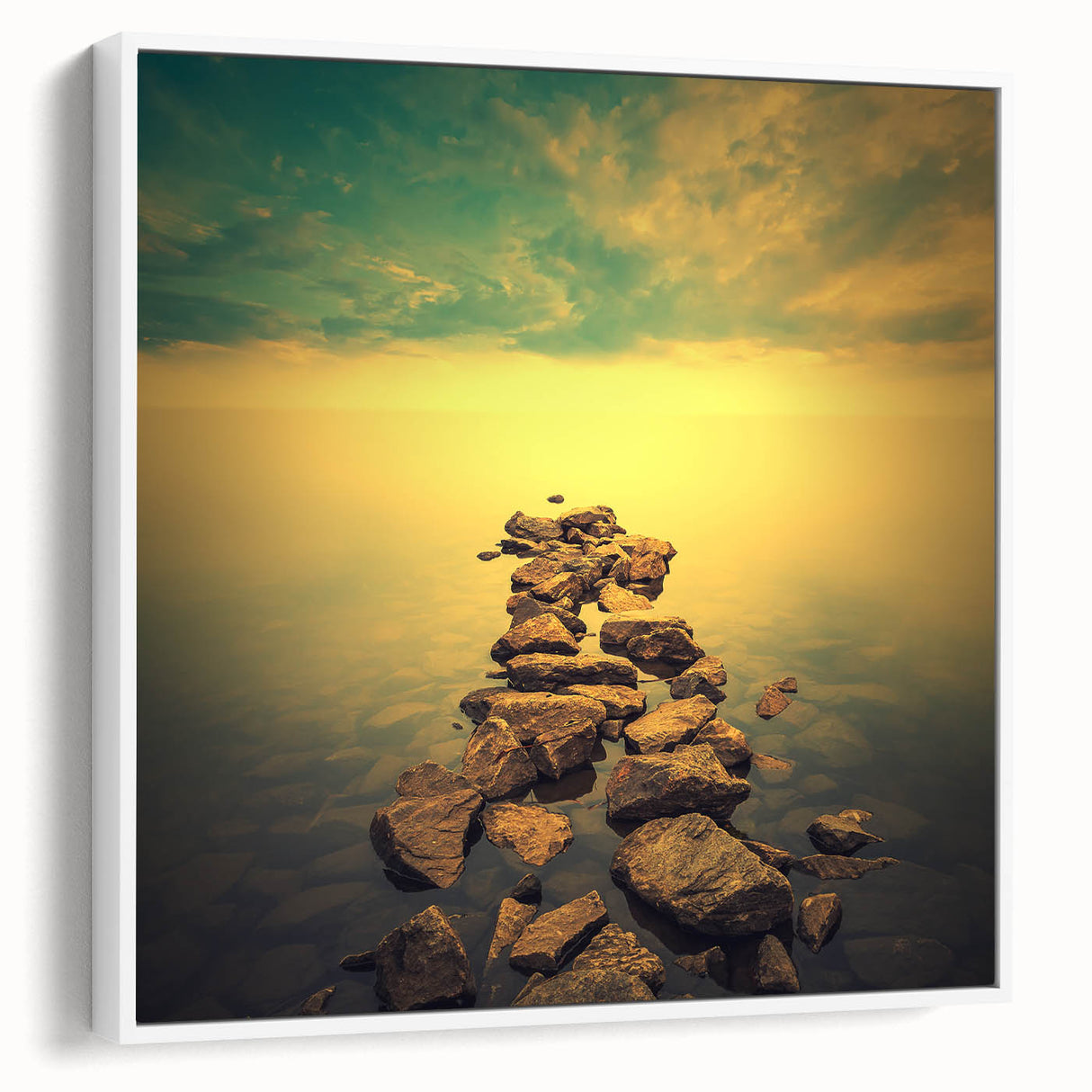Abstract Minimalist Landscape Paintings – Golden Horizon Rock Path