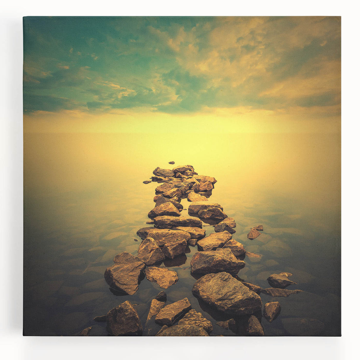 Abstract Minimalist Landscape Paintings – Golden Horizon Rock Path