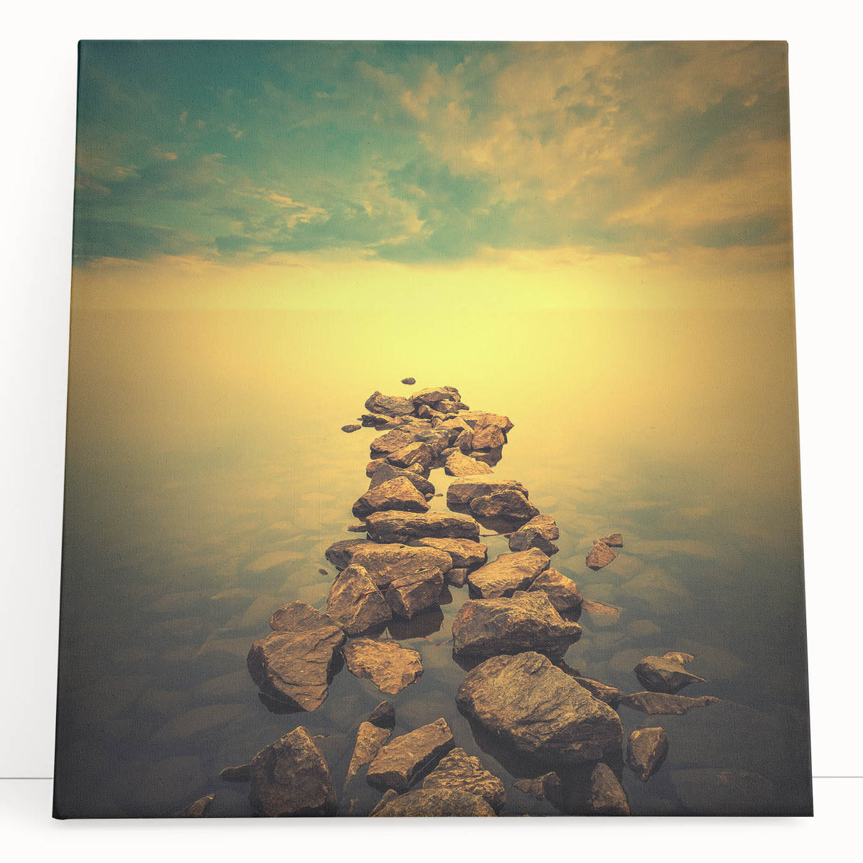 Abstract Minimalist Landscape Paintings – Golden Horizon Rock Path