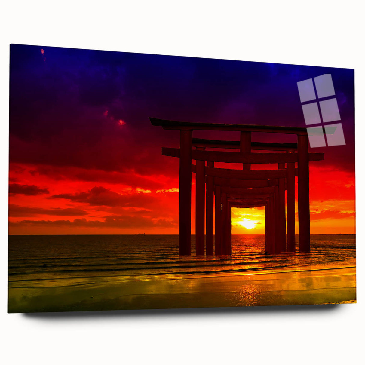 Minimalist Coastal Landscape Art – Sunset Torii Gate Ocean View Print