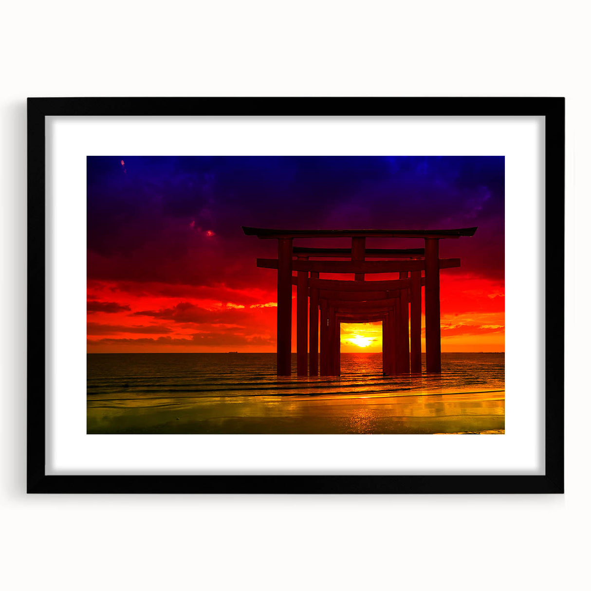 Minimalist Coastal Landscape Art – Sunset Torii Gate Ocean View Print