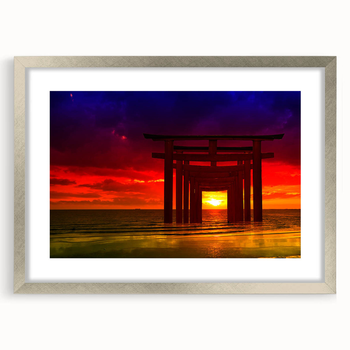 Minimalist Coastal Landscape Art – Sunset Torii Gate Ocean View Print