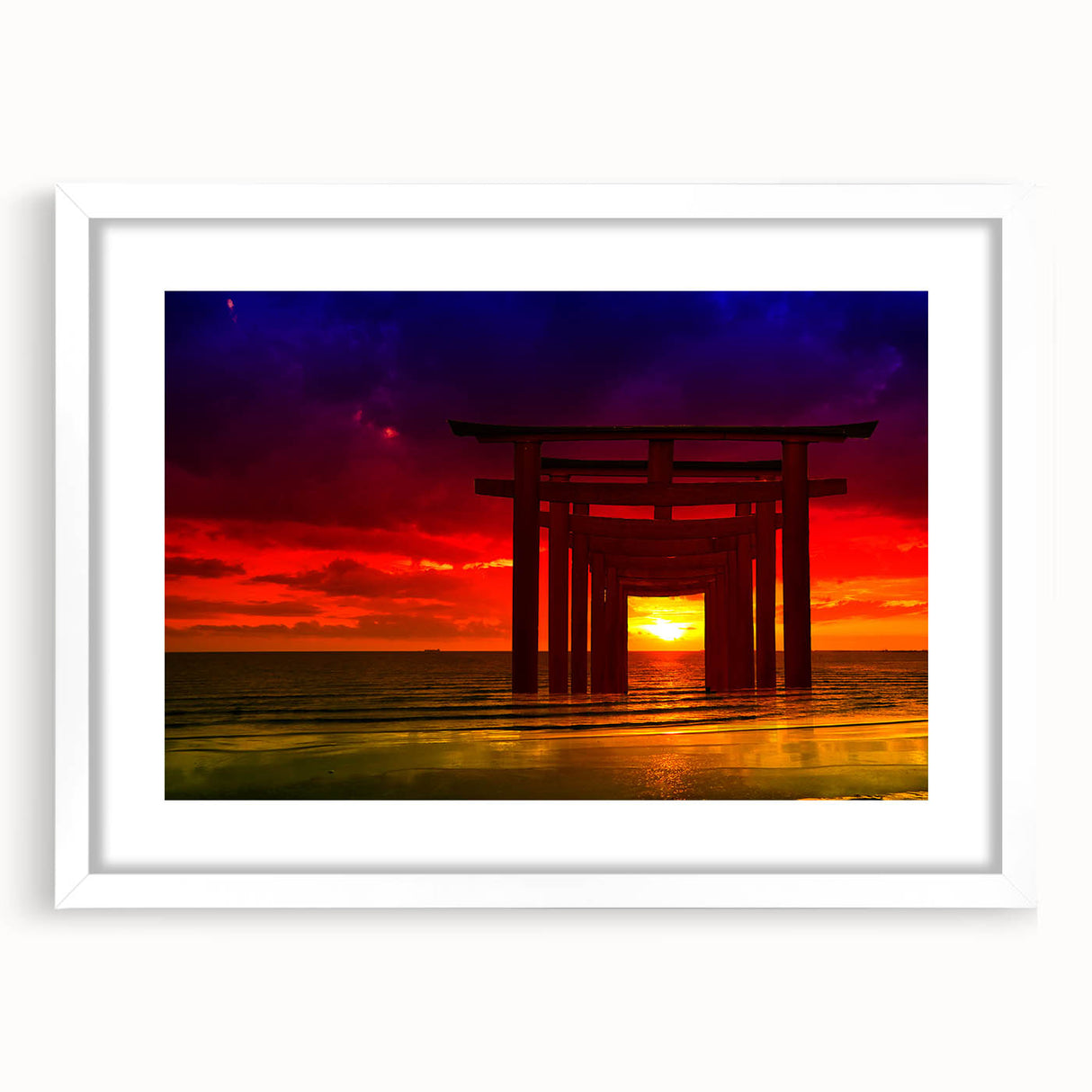 Minimalist Coastal Landscape Art – Sunset Torii Gate Ocean View Print