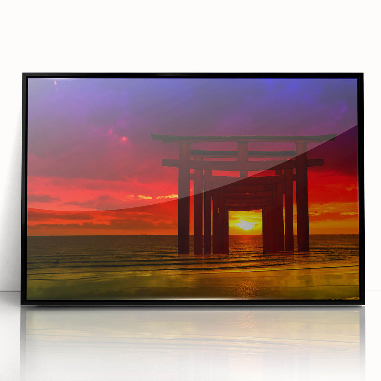 Minimalist Coastal Landscape Art – Sunset Torii Gate Ocean View Print