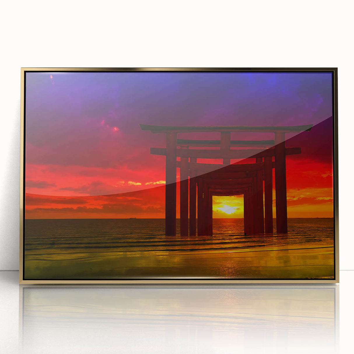 Minimalist Coastal Landscape Art – Sunset Torii Gate Ocean View Print