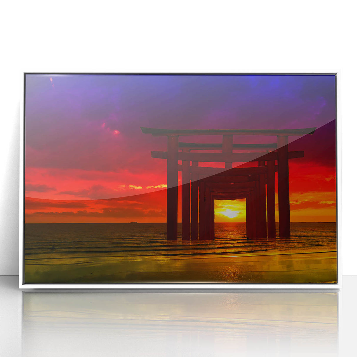 Minimalist Coastal Landscape Art – Sunset Torii Gate Ocean View Print