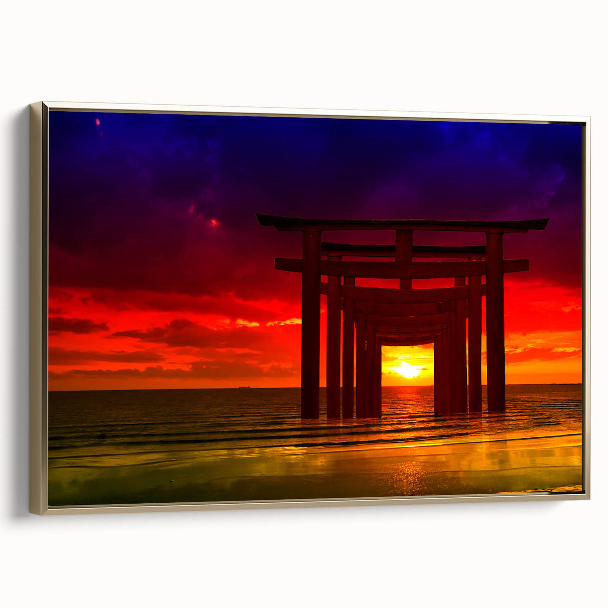 Minimalist Coastal Landscape Art – Sunset Torii Gate Ocean View Print
