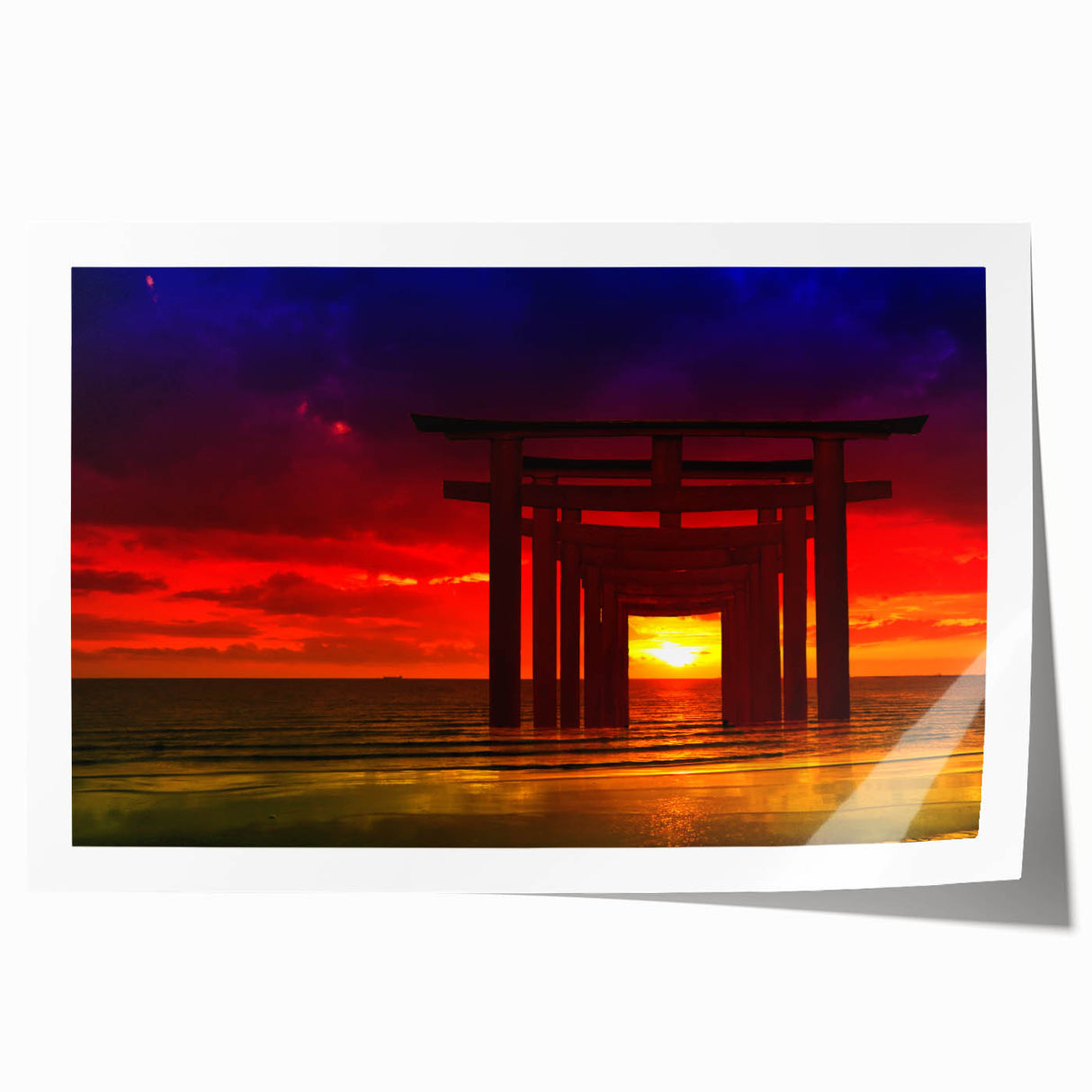 Minimalist Coastal Landscape Art – Sunset Torii Gate Ocean View Print