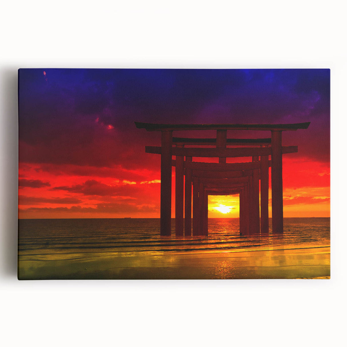 Minimalist Coastal Landscape Art – Sunset Torii Gate Ocean View Print