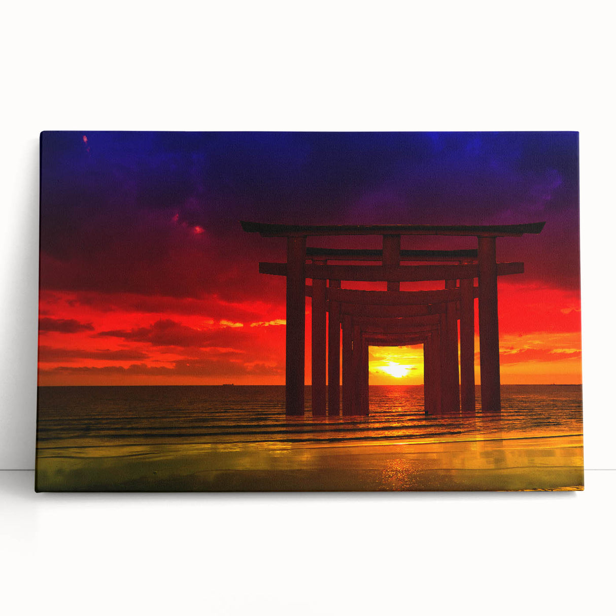 Minimalist Coastal Landscape Art – Sunset Torii Gate Ocean View Print