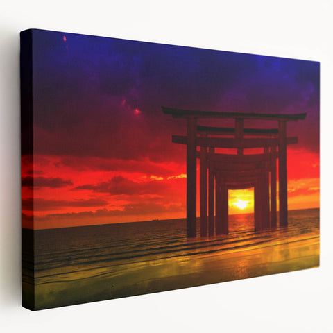 Minimalist Coastal Landscape Art – Sunset Torii Gate Ocean View Print