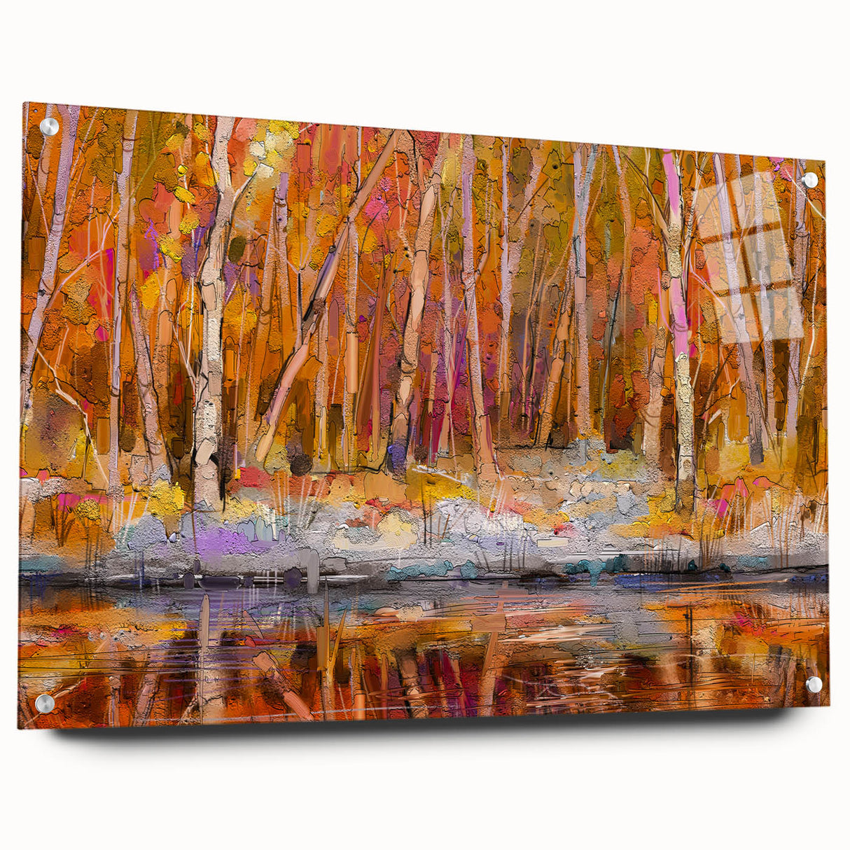 Abstract Minimalist Landscape Paintings – Autumn Forest Reflection