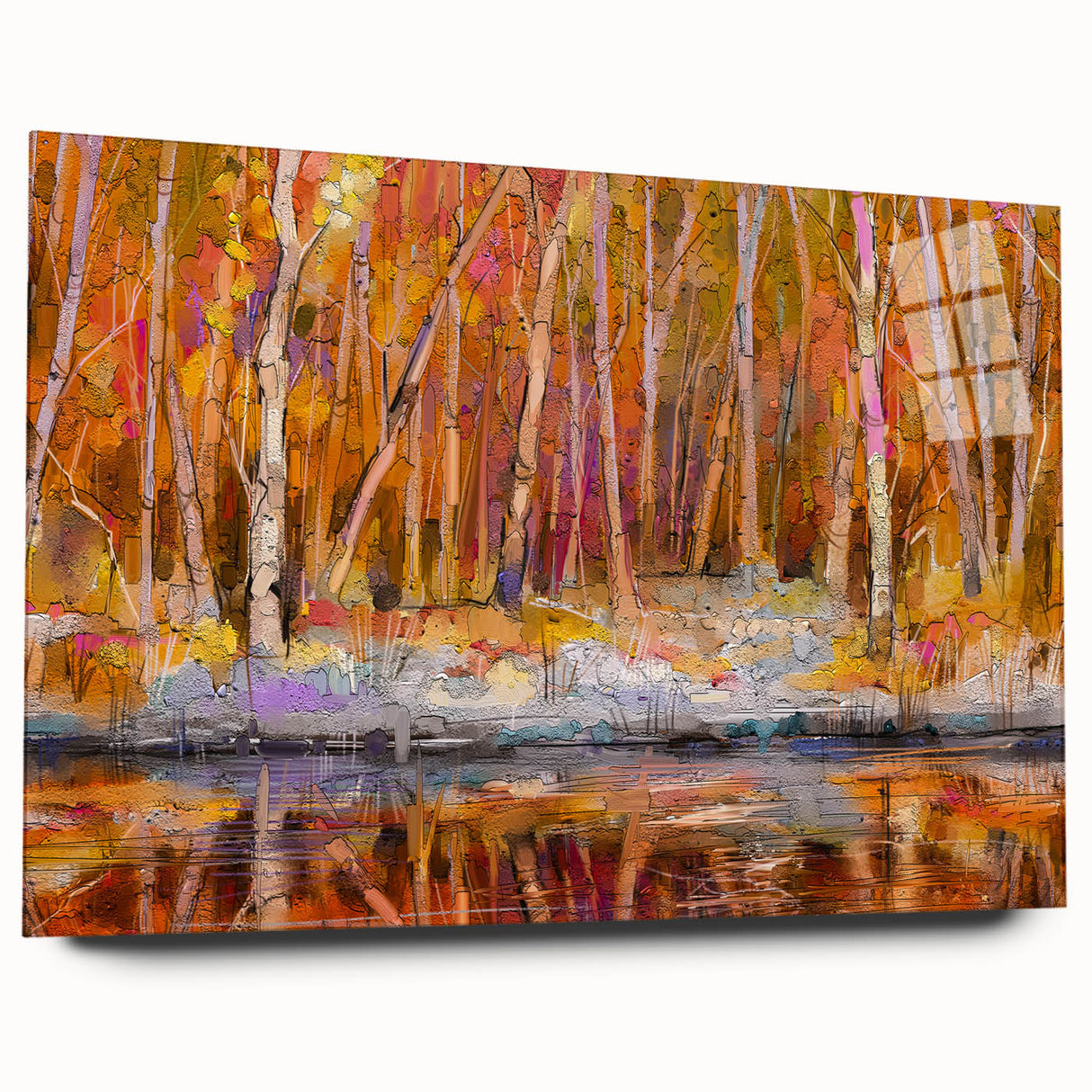 Abstract Minimalist Landscape Paintings – Autumn Forest Reflection
