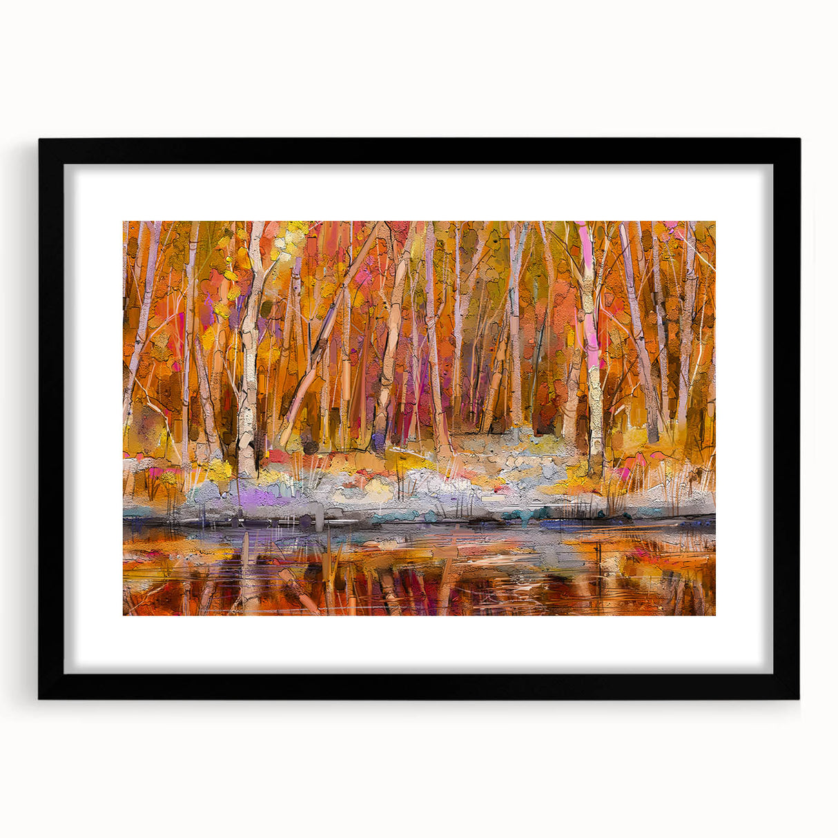 Abstract Minimalist Landscape Paintings – Autumn Forest Reflection
