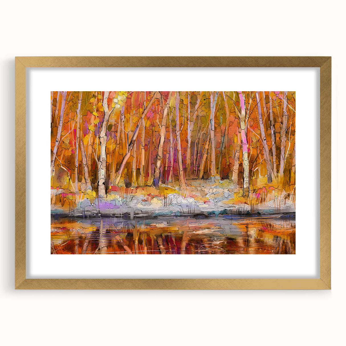 Abstract Minimalist Landscape Paintings – Autumn Forest Reflection