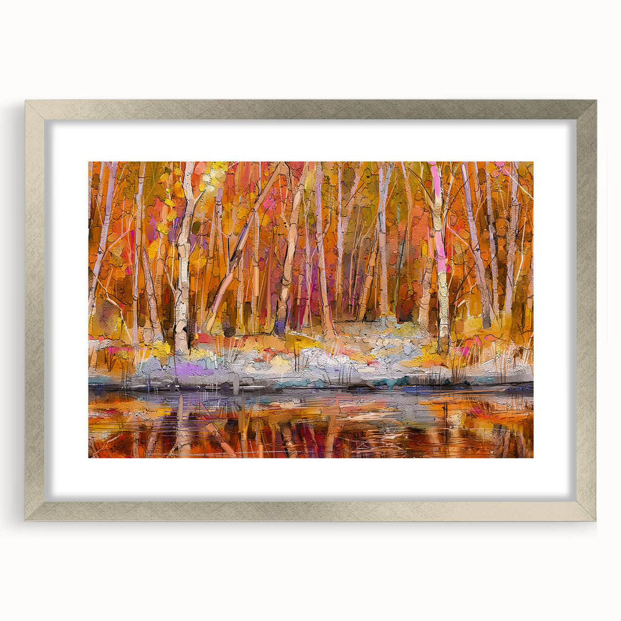 Abstract Minimalist Landscape Paintings – Autumn Forest Reflection