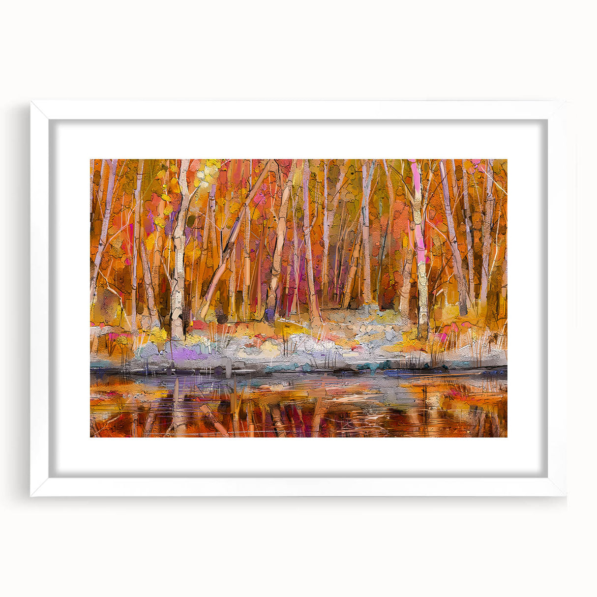 Abstract Minimalist Landscape Paintings – Autumn Forest Reflection