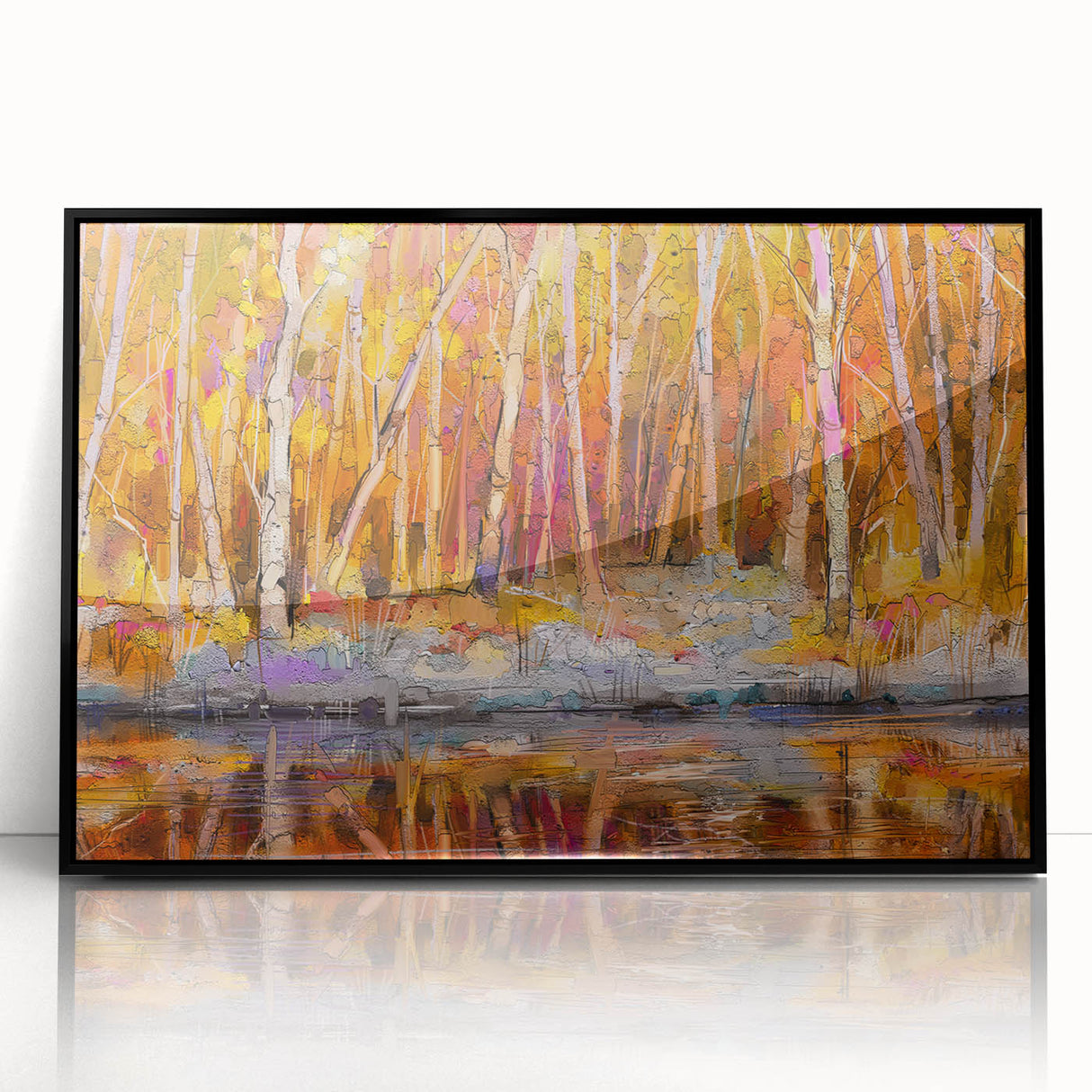 Abstract Minimalist Landscape Paintings – Autumn Forest Reflection