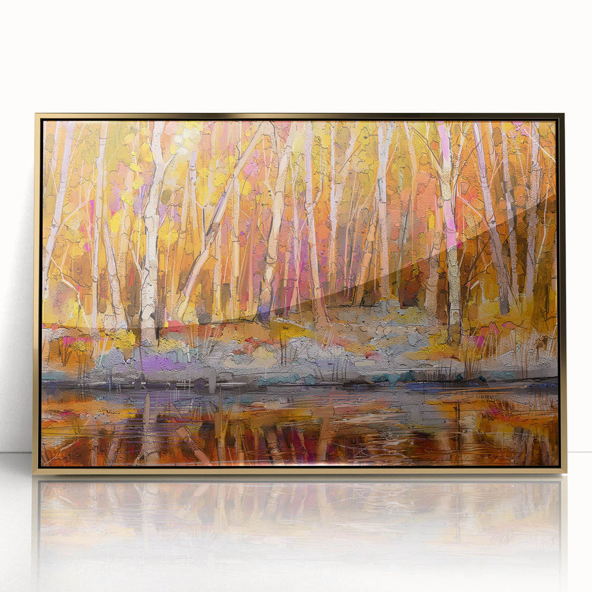 Abstract Minimalist Landscape Paintings – Autumn Forest Reflection