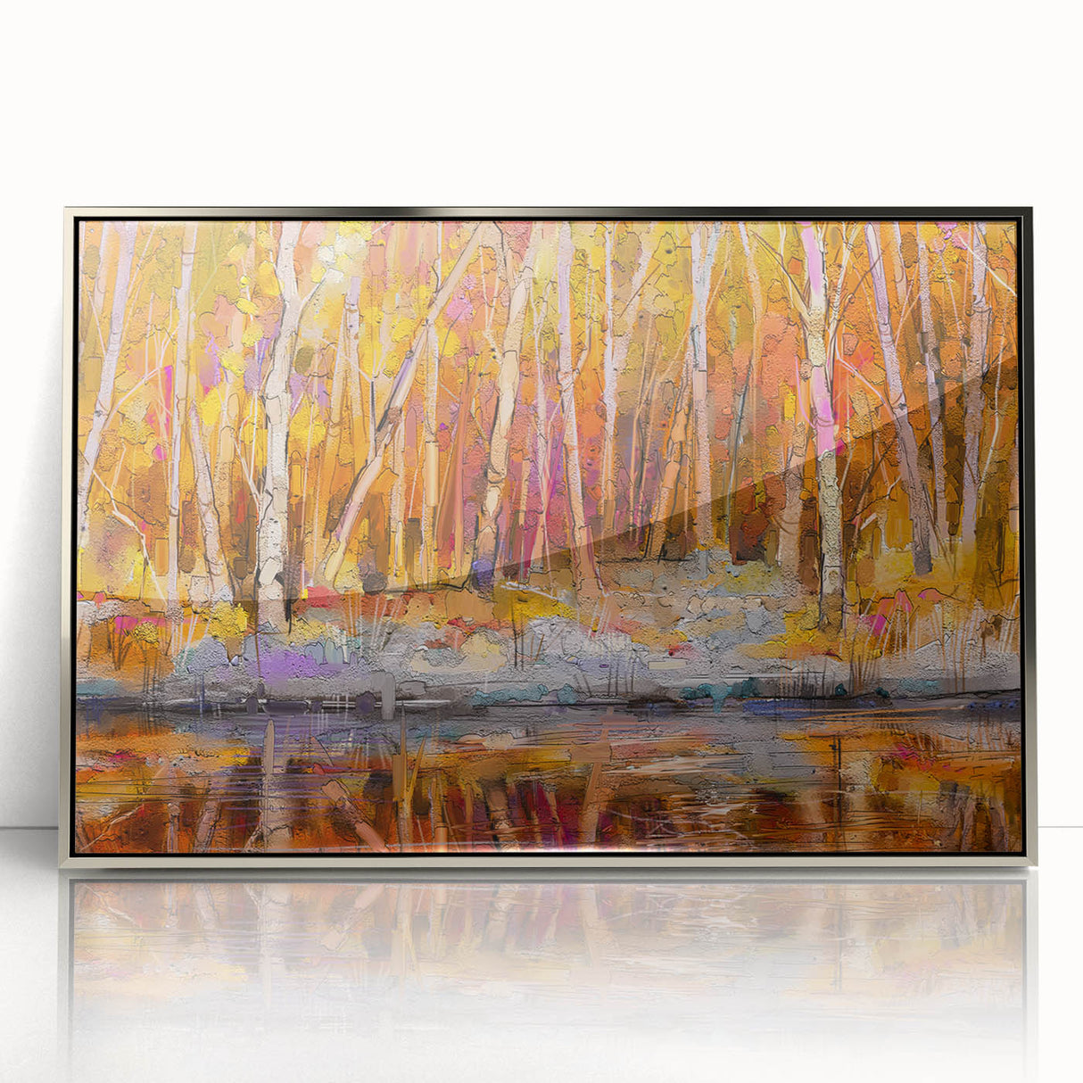 Abstract Minimalist Landscape Paintings – Autumn Forest Reflection