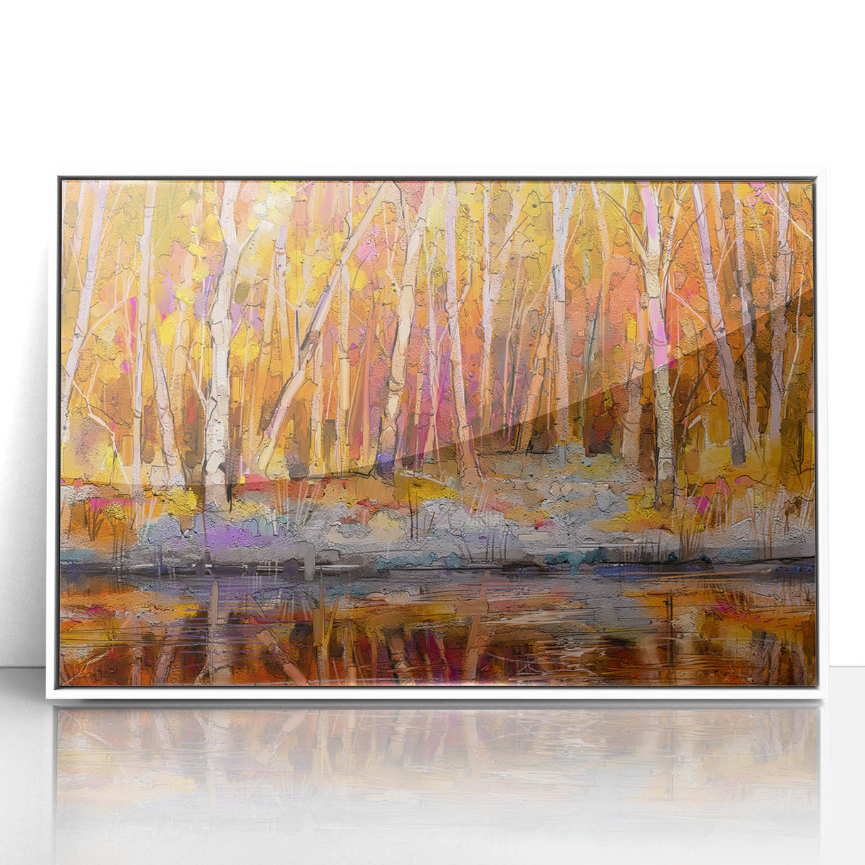 Abstract Minimalist Landscape Paintings – Autumn Forest Reflection
