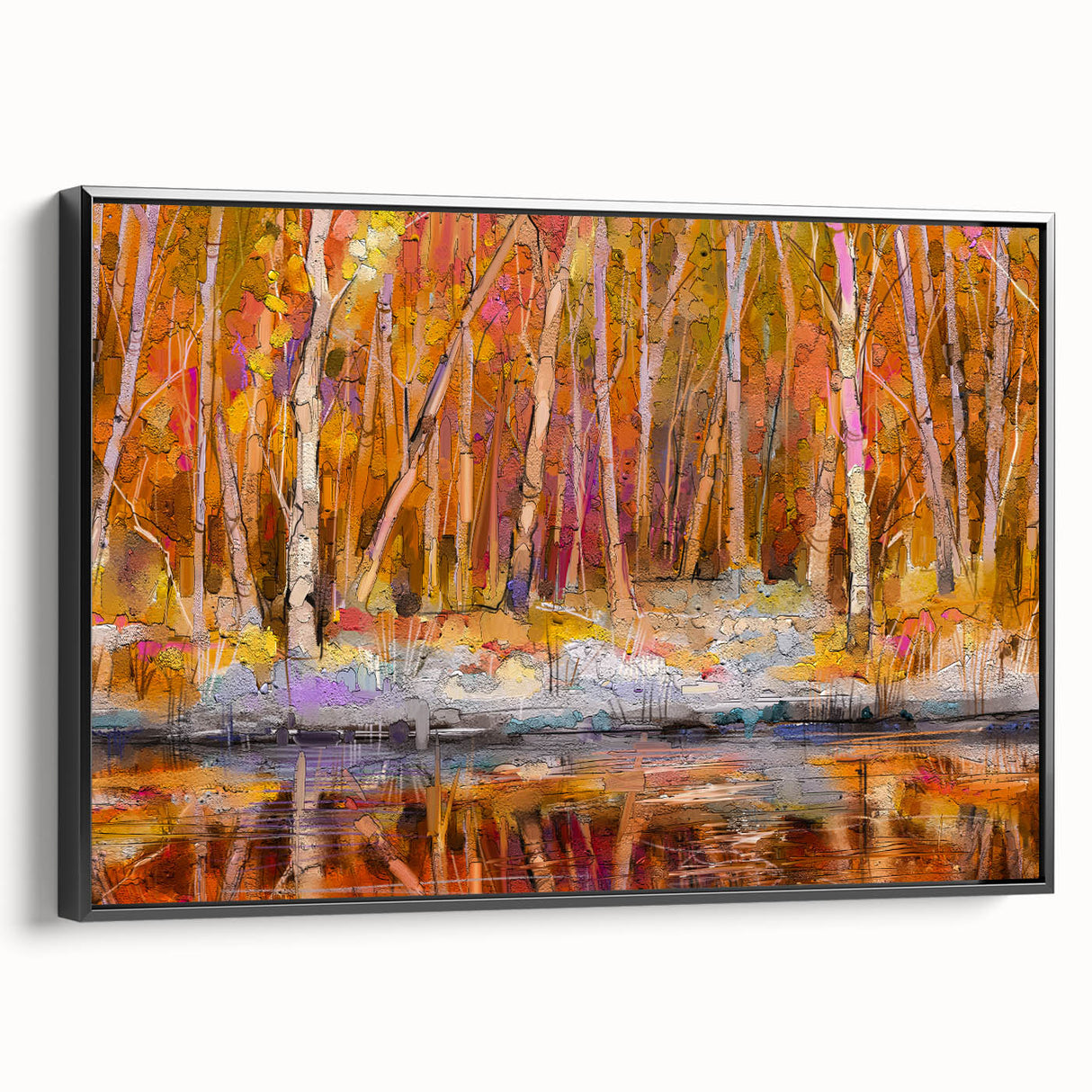 Abstract Minimalist Landscape Paintings – Autumn Forest Reflection