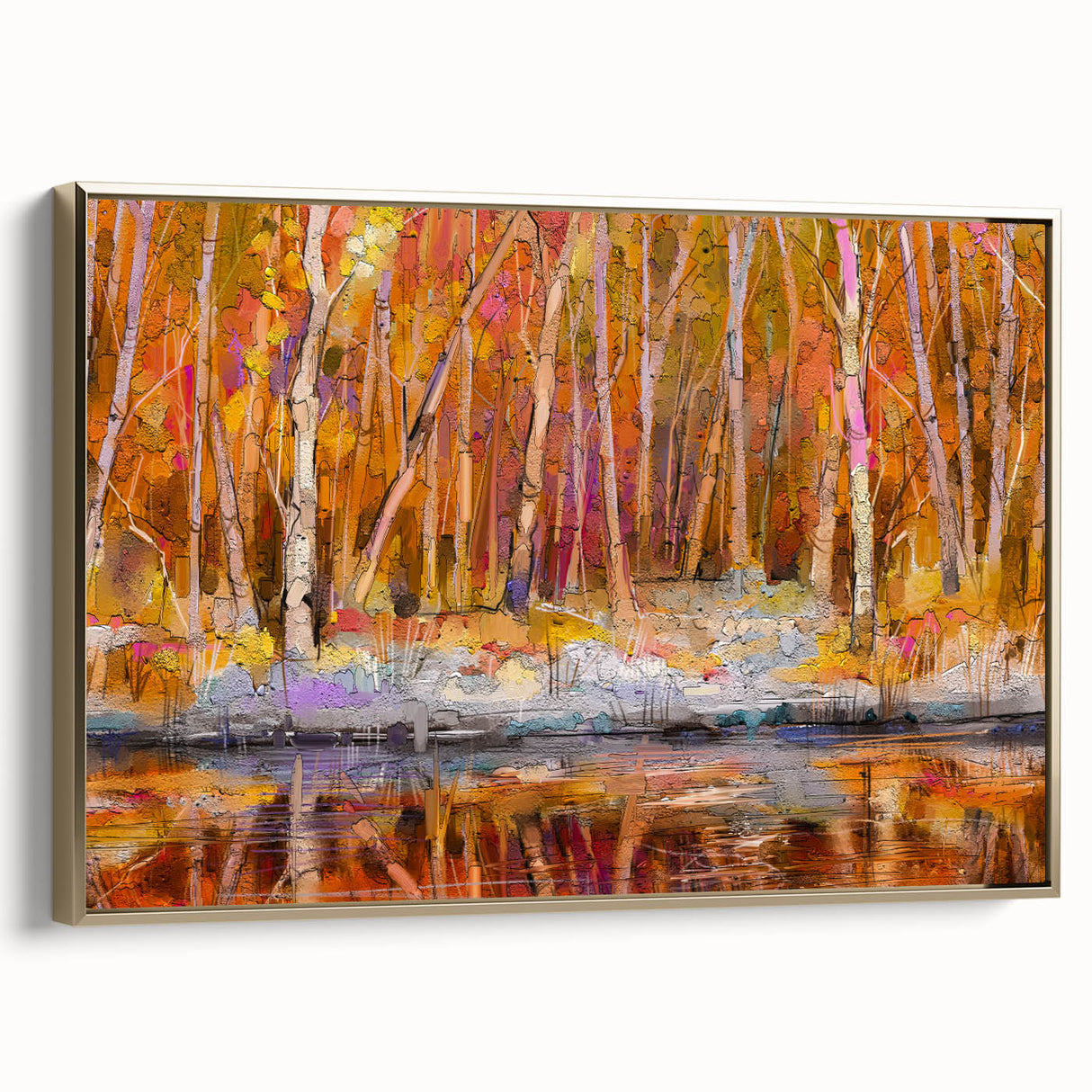Abstract Minimalist Landscape Paintings – Autumn Forest Reflection
