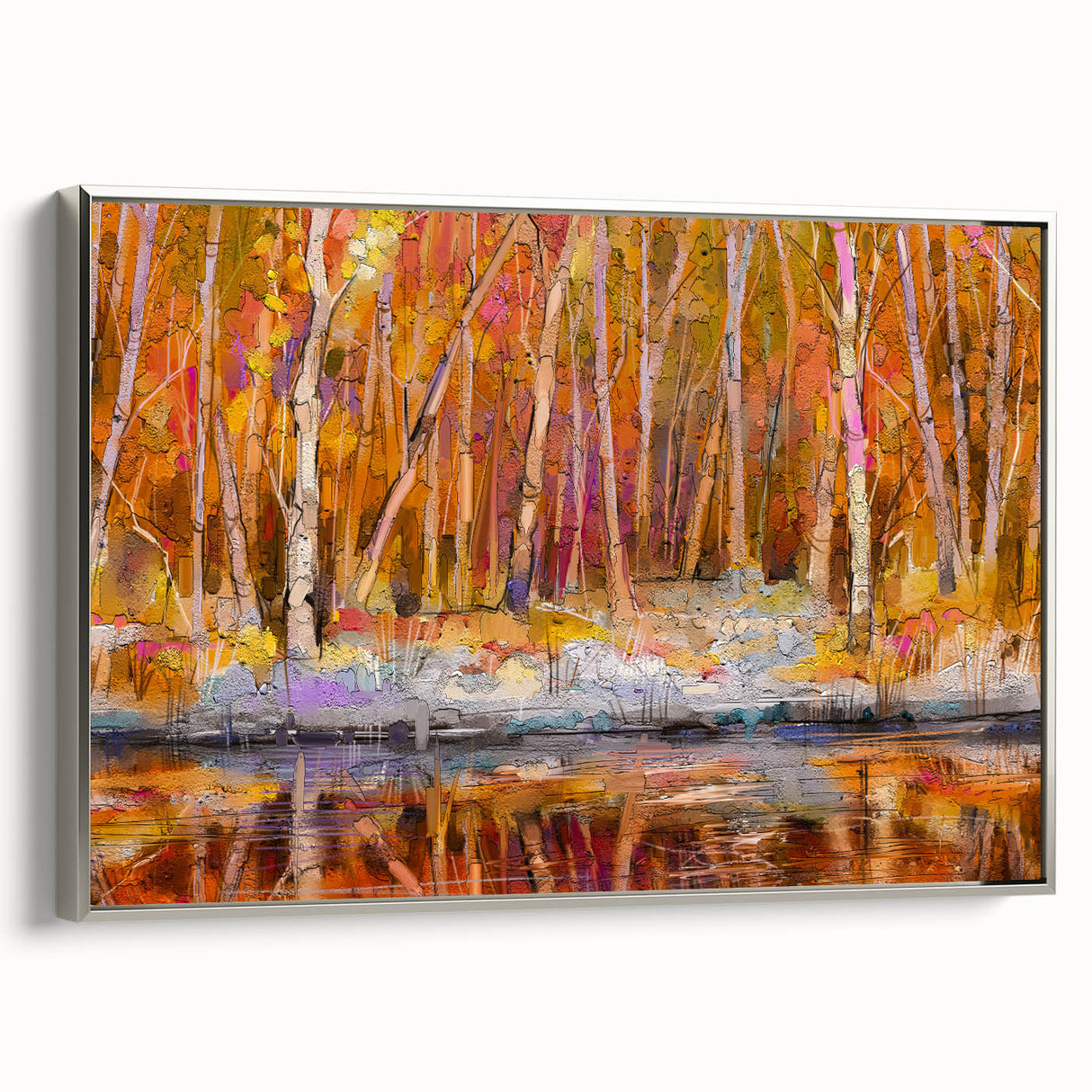 Abstract Minimalist Landscape Paintings – Autumn Forest Reflection