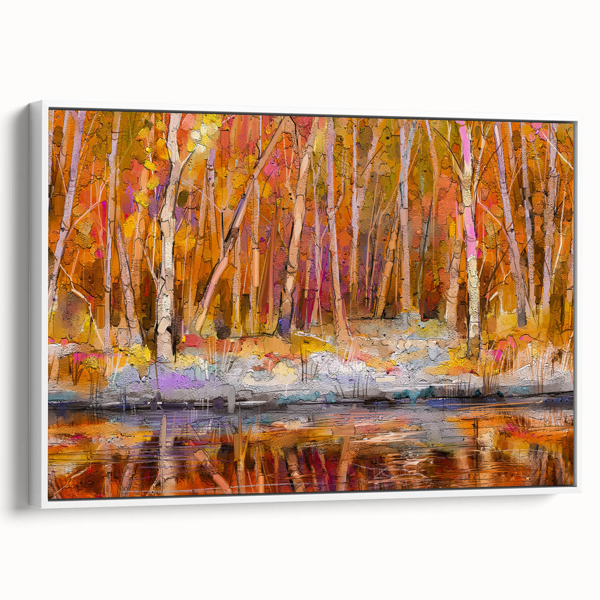 Abstract Minimalist Landscape Paintings – Autumn Forest Reflection